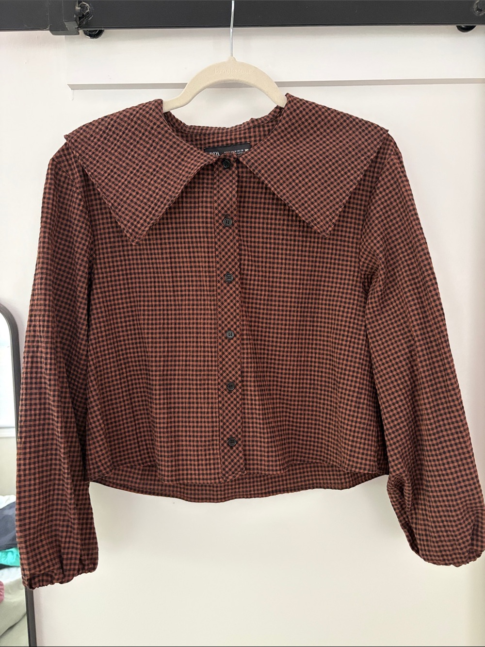 Zara brown black gingham cropped blouse